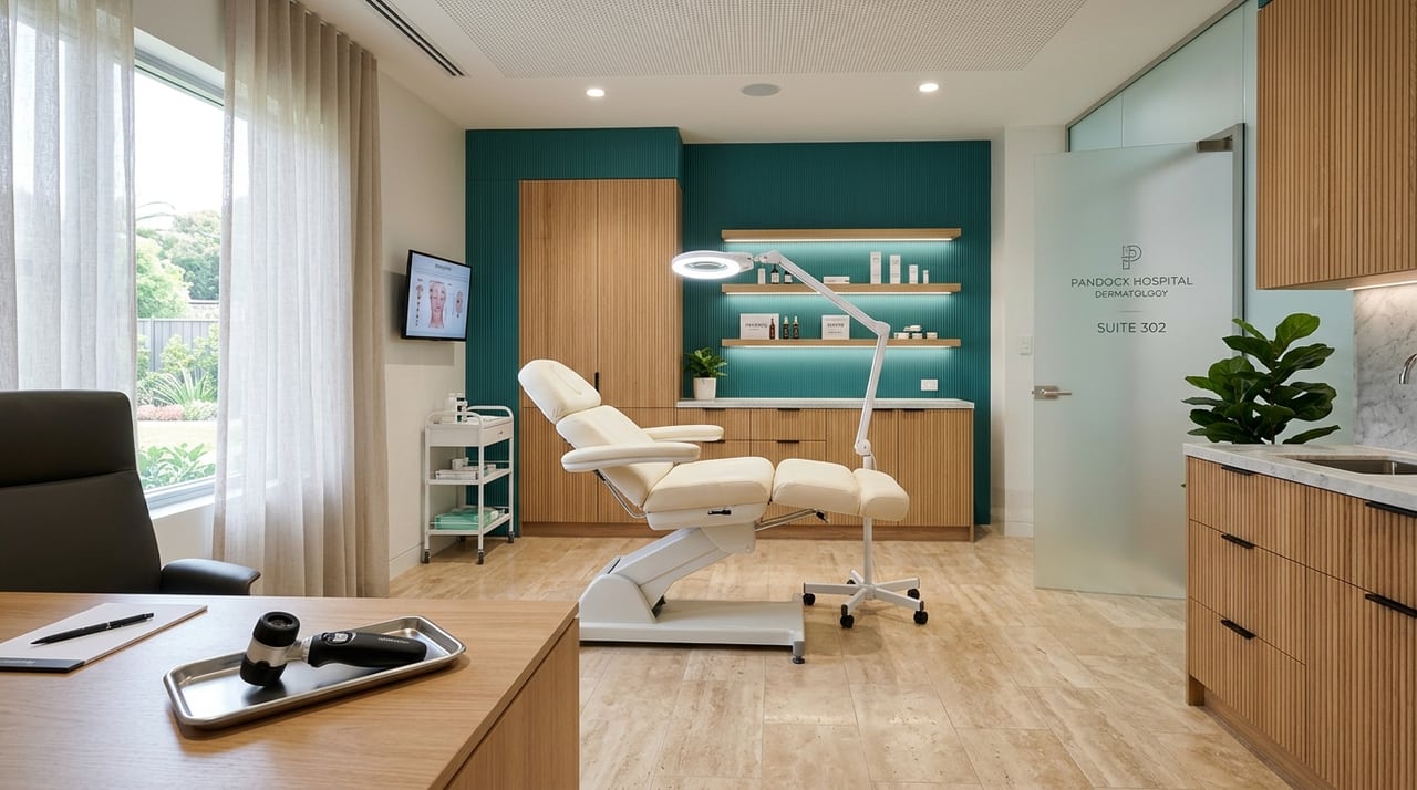 Clinical Dermatology examination suite at Pandocx Hospital with precision dermatoscope and ring light