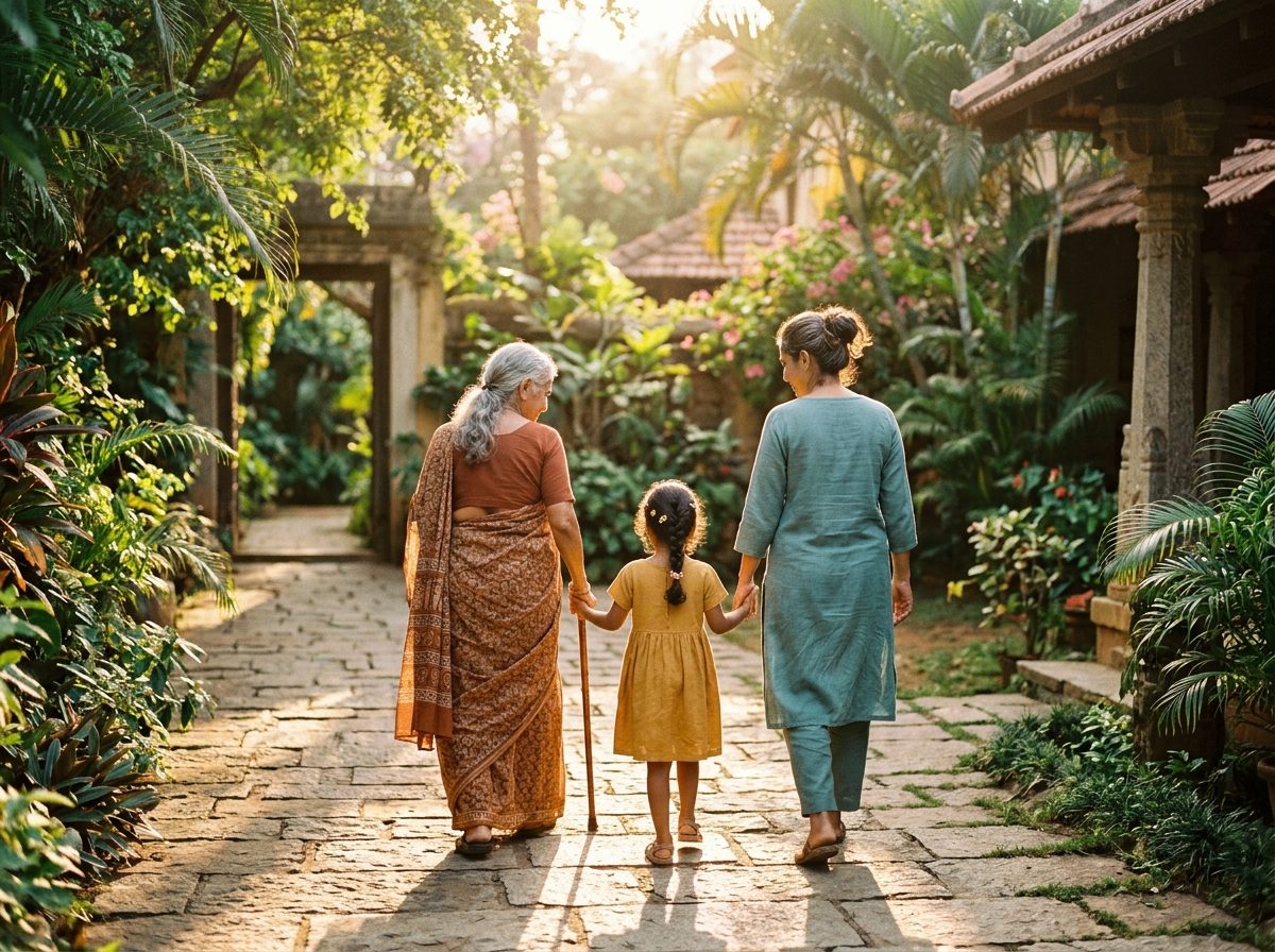 Multi-generational Indian family walking together in warm sunlit Bengaluru courtyard