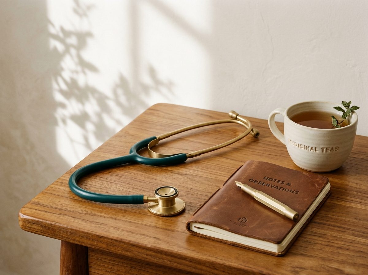 Editorial study of a physician stethoscope on warm teakwood beside clinical notes