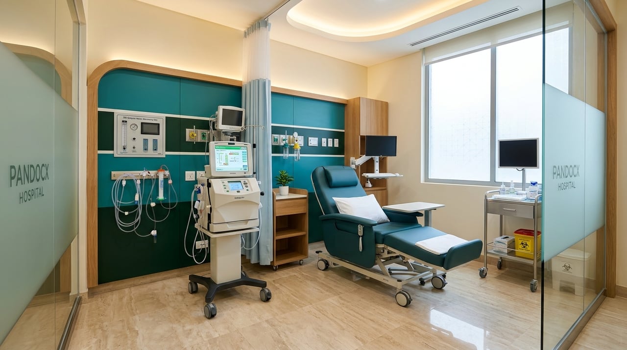 Pandocx Hospital Nephrology and Hemodialysis unit with renal care bay and teal headwall