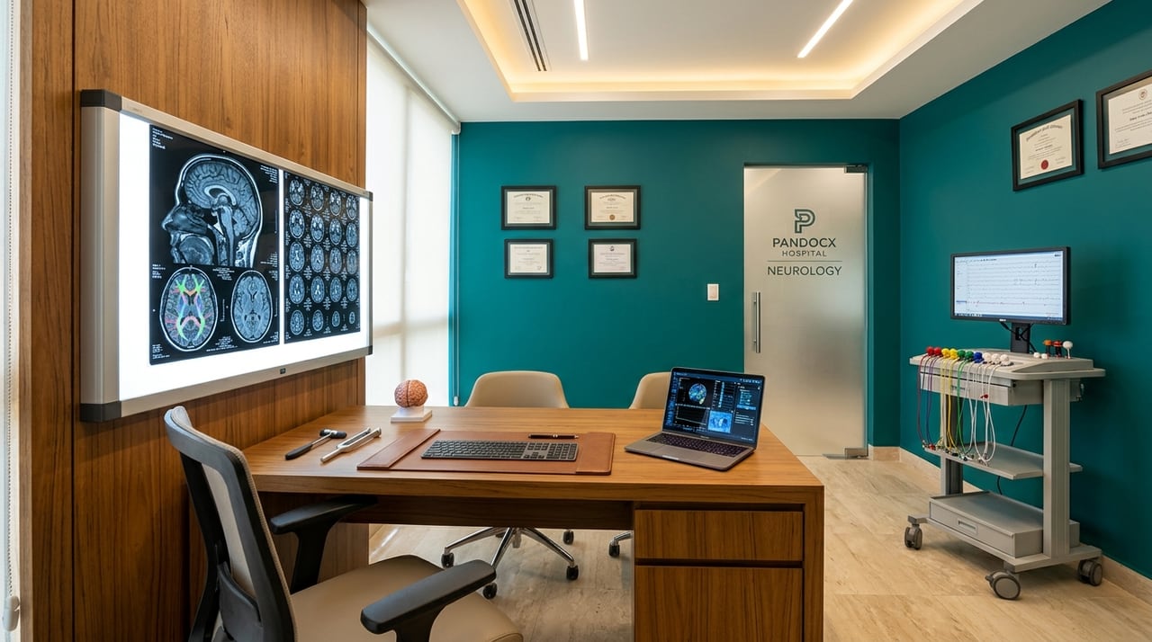 Neurology and Neuro-diagnostics suite at Pandocx Hospital with EEG/NCS workstation and MRI viewer