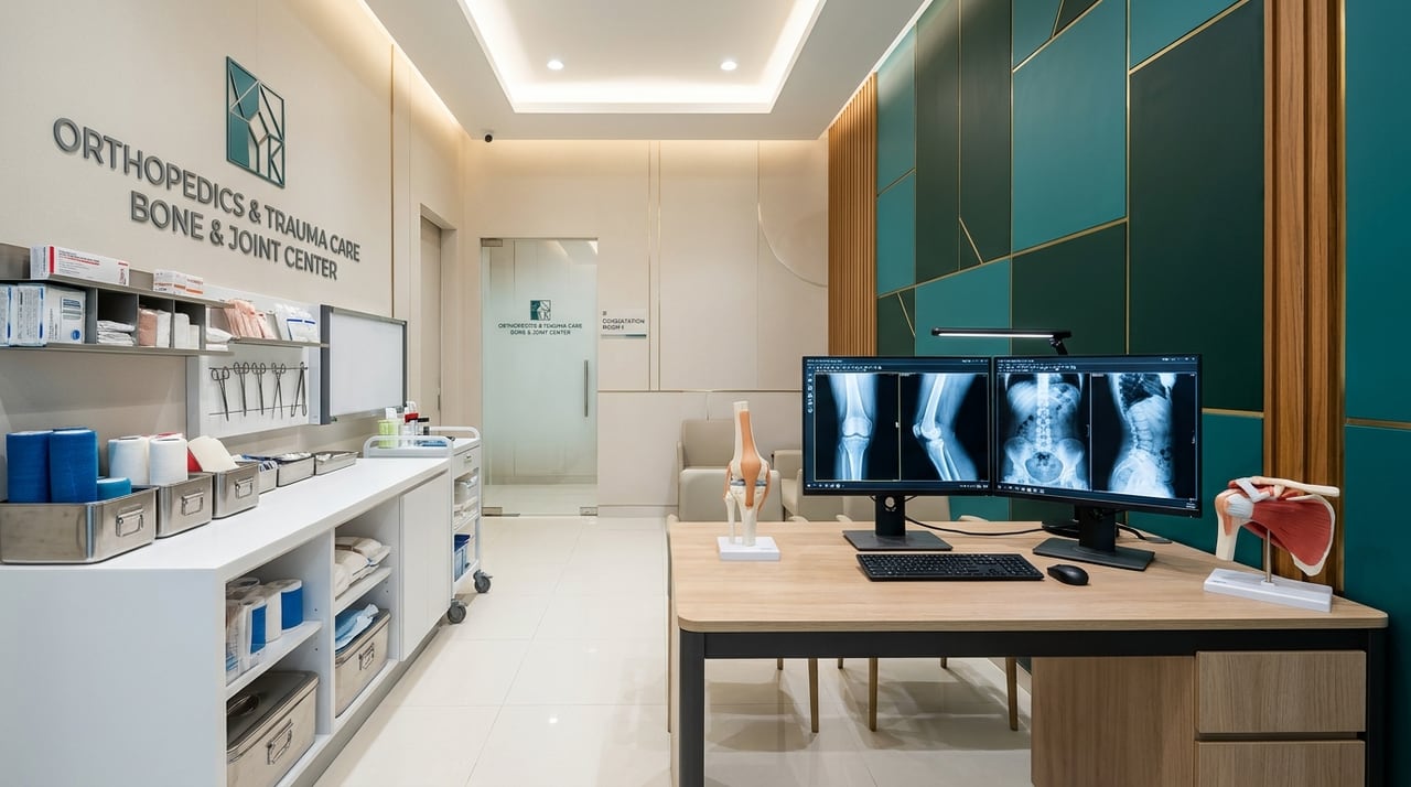 Orthopedics, Bone, Joint and Trauma care wing at Pandocx Hospital with digital X-ray console and joint models