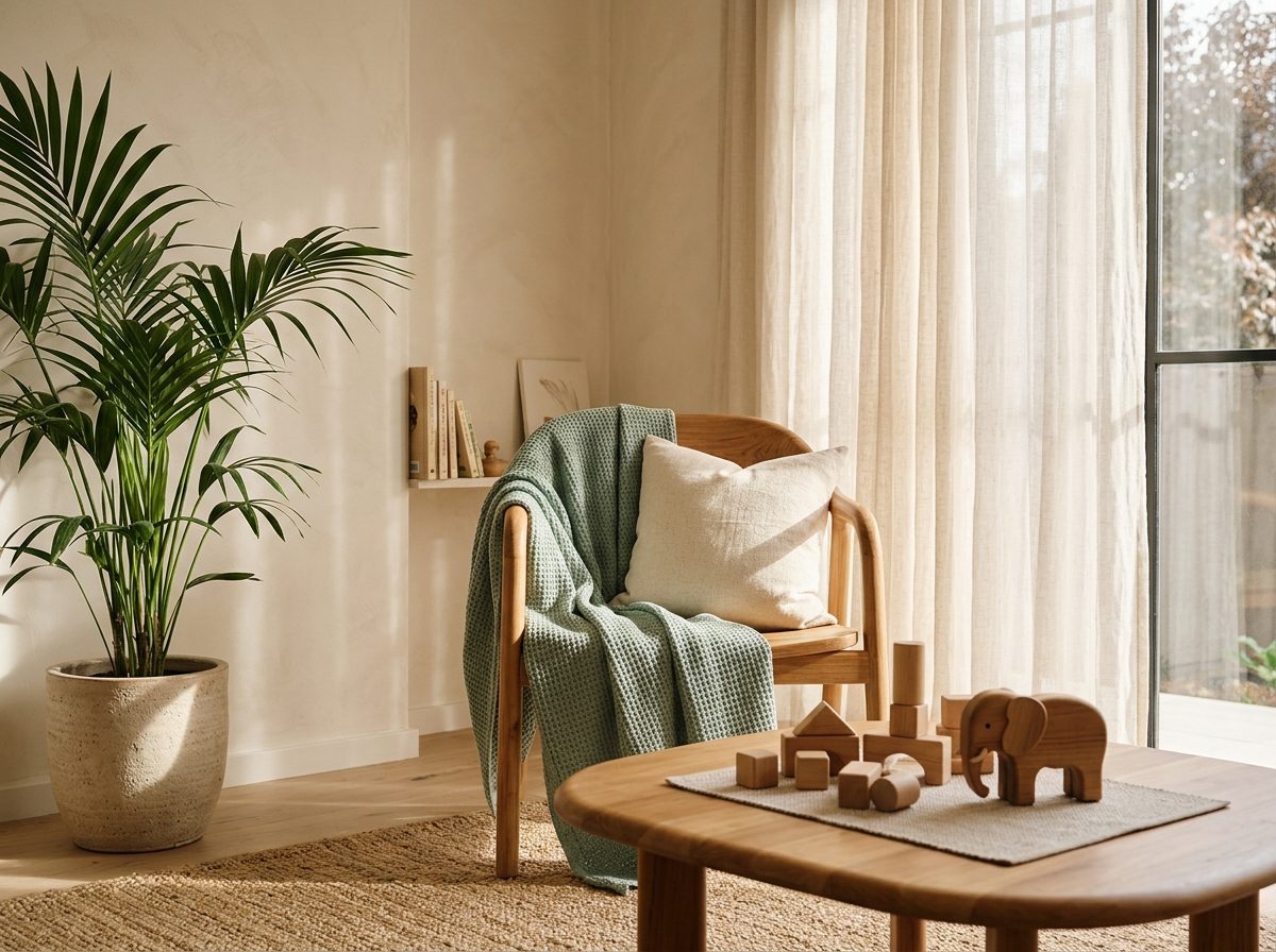 Sunlit, calm paediatric care corner with natural wooden blocks and soft sage linen