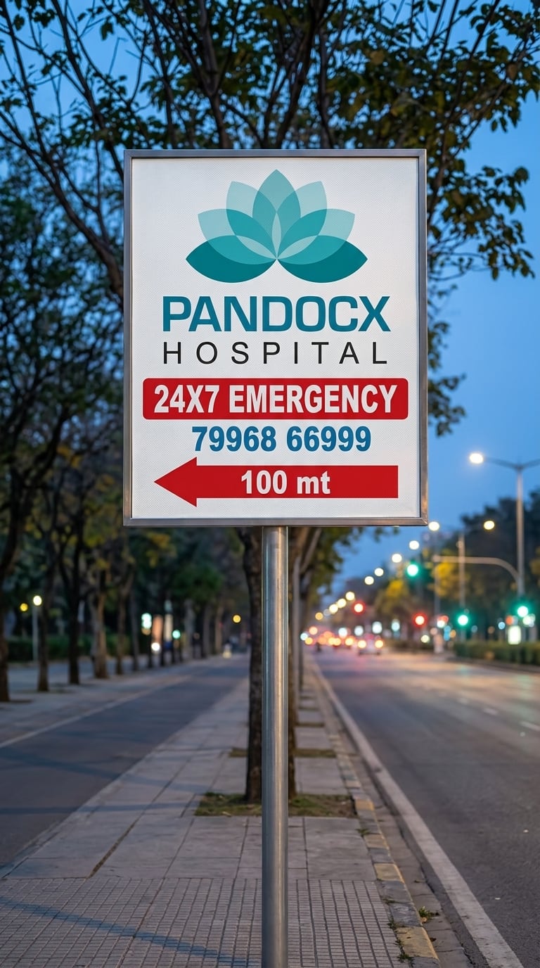 Pandocx Hospital 24x7 Emergency 100 meters directional signboard on Outer Ring Road