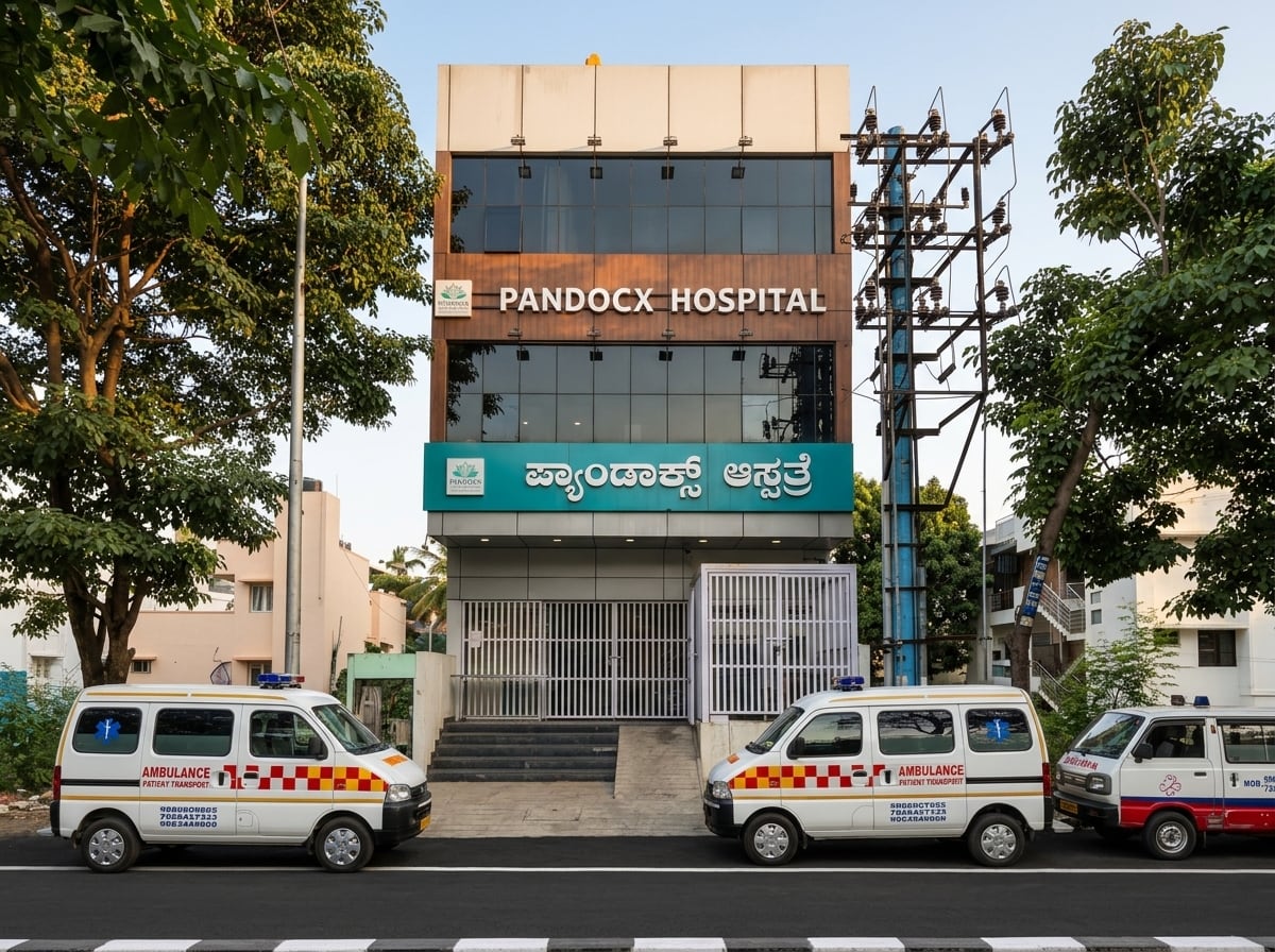 Pandocx Hospital daytime exterior with 3 dedicated emergency ambulances