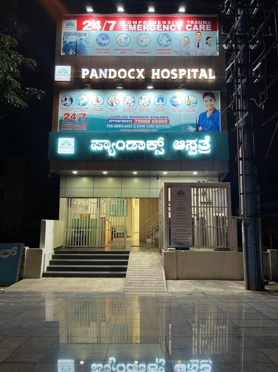 Pandocx Hospital illuminated building facade in Nagarbhavi 2nd Stage, Malagala, Bengaluru featuring English and Kannada signage and 24/7 Emergency Care