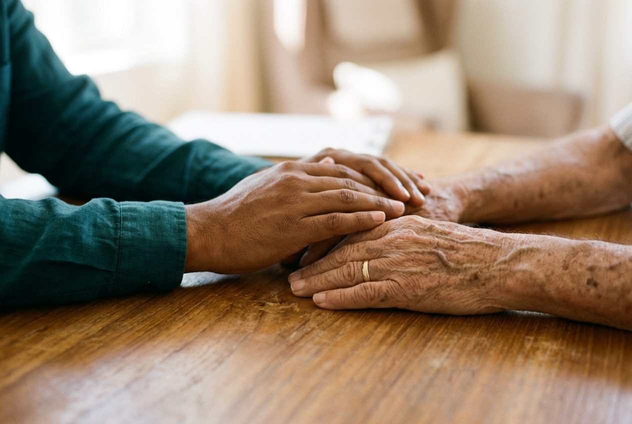 Compassionate physician hands resting beside an elderly patient's hands