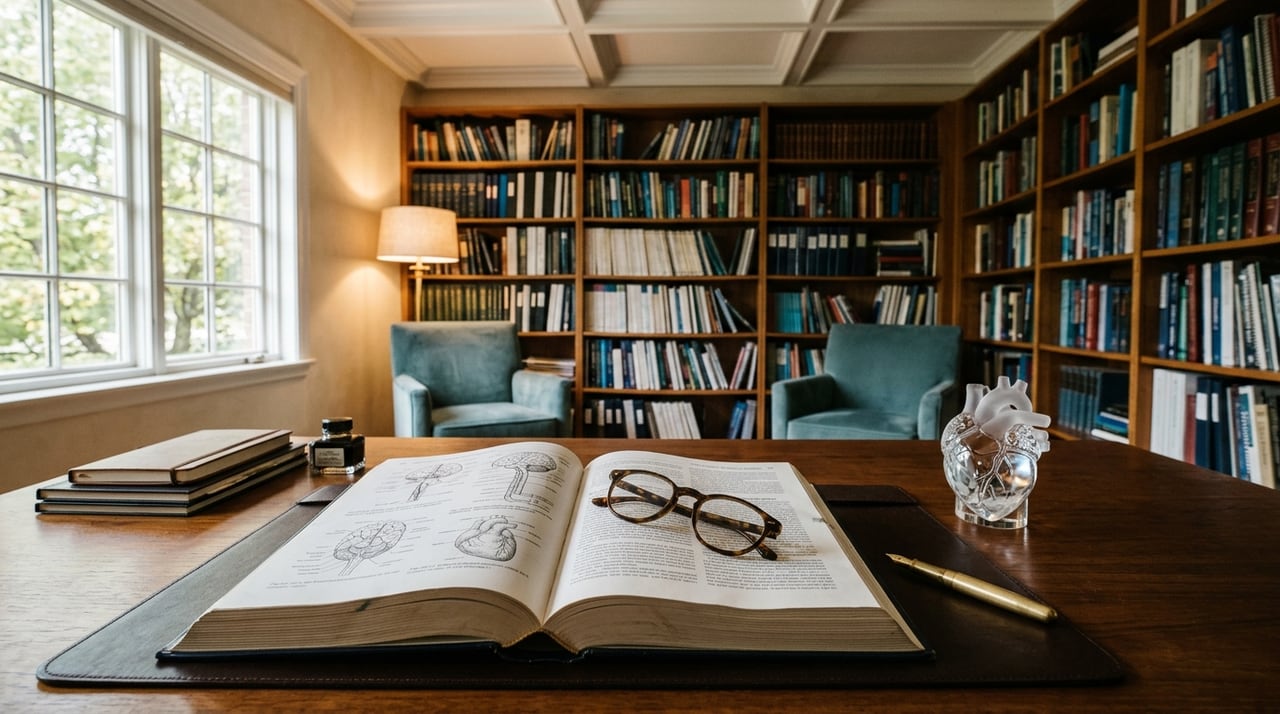 Medical reference library and clinical study desk at Pandocx Hospital
