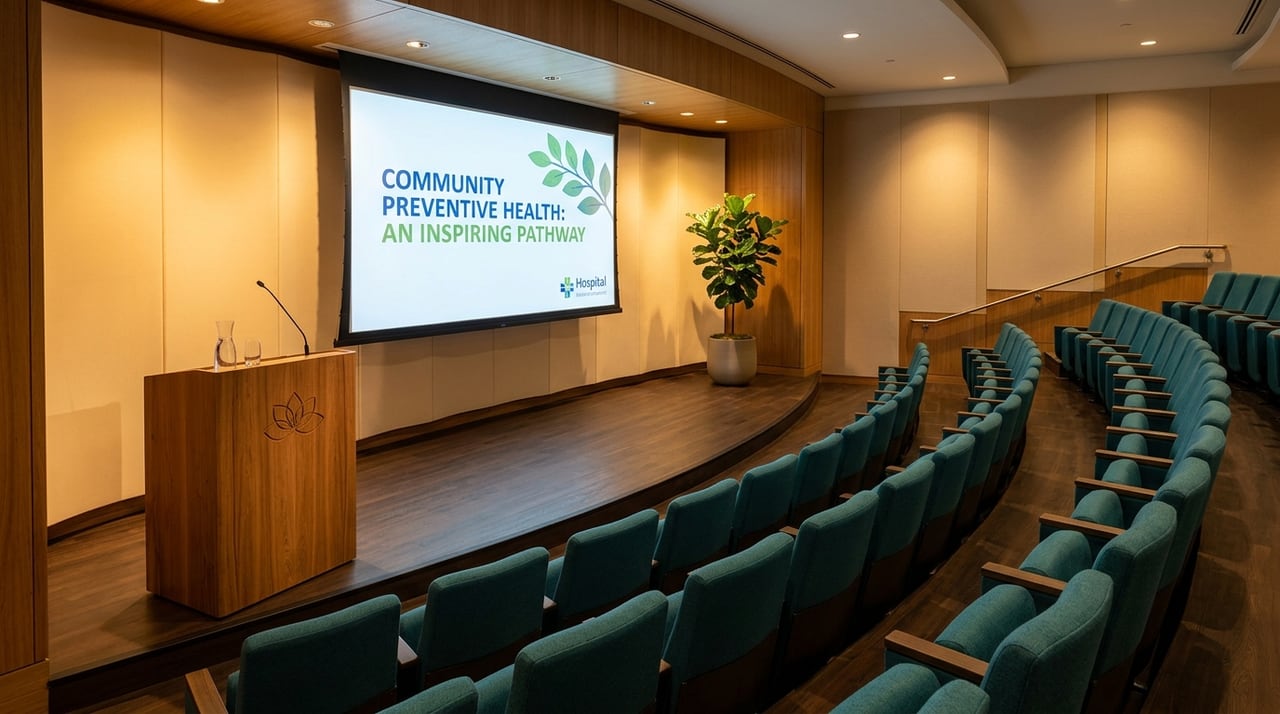 Pandocx Hospital community health seminar auditorium with 5-petal lotus lectern