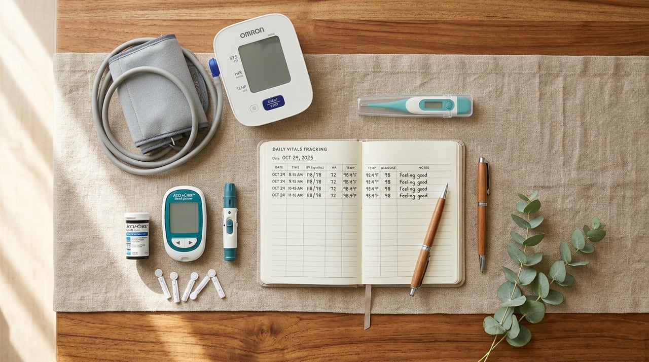 Home health monitoring essentials: digital blood pressure monitor, glucometer, thermometer, and vitals logbook