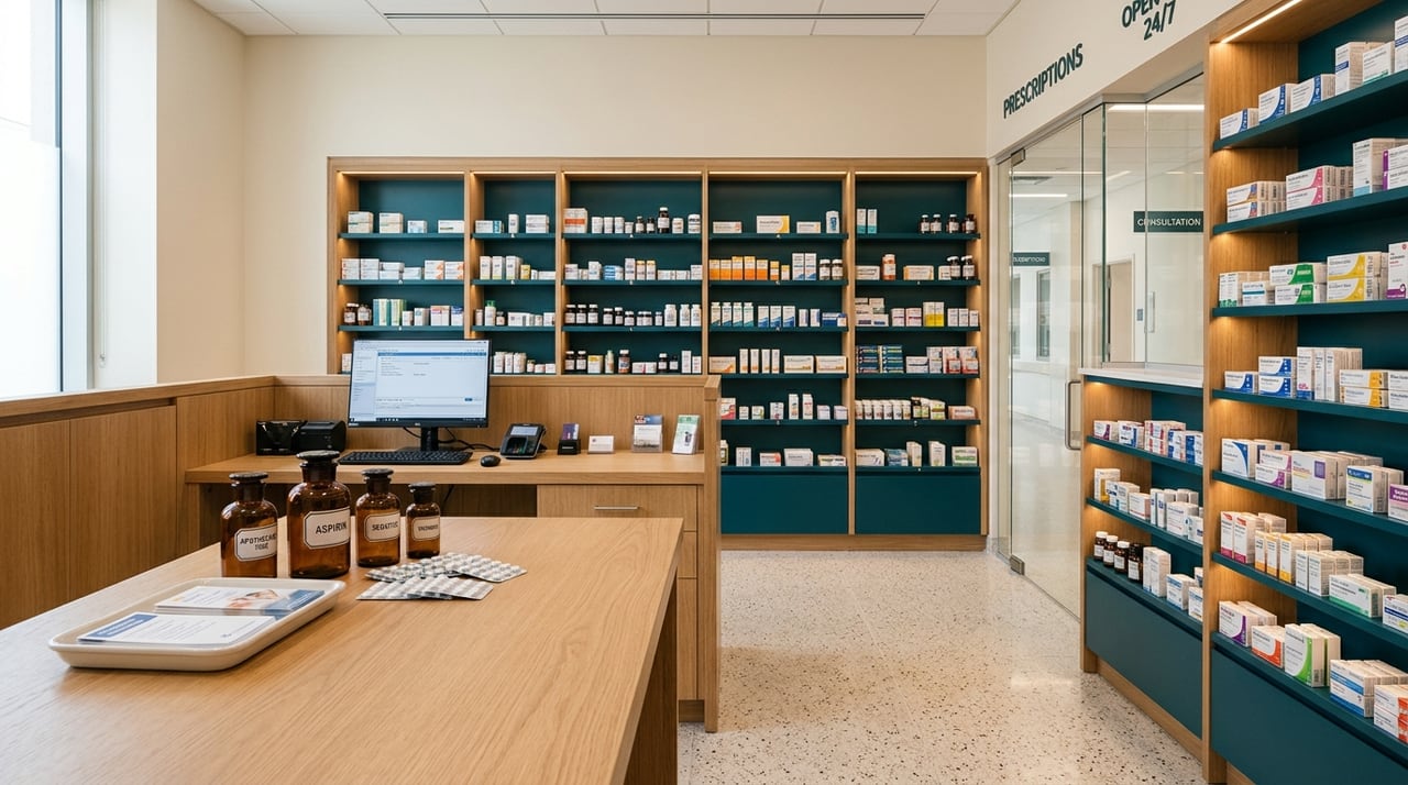 Modern 24/7 hospital pharmacy and safe medication counseling counter at Pandocx Hospital