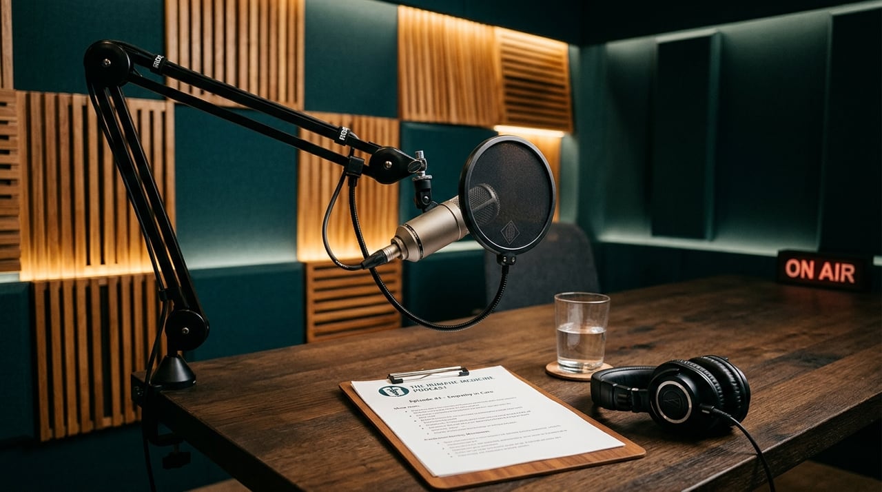 Broadcast microphone and clinical notes for The Humane Medicine Podcast at Pandocx Hospital