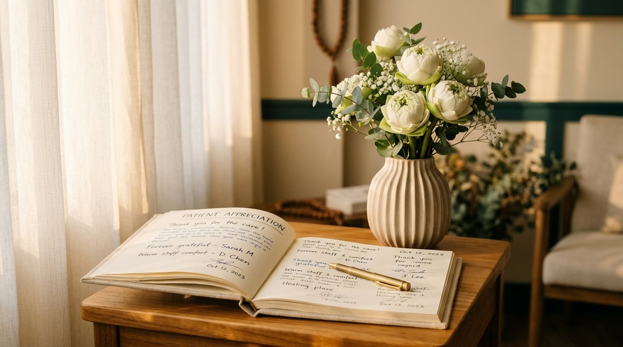 Patient gratitude ledger on a warm wooden reception table beside fresh white lotus stems